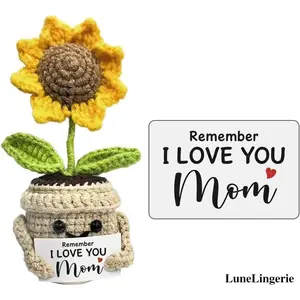 Lune Handmade Crochet Sunflower Pot Decor, Artificial Flowers with "Remember I Love You Mom" Message, Sentimental Gift for Mom’s Mother’s Day & Birthday
