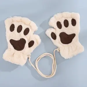Cute Cartoon Cat Claw Gloves – Plush Bear-Paw Half-Finger Winter Mittens for Women & Girls, Warm, Cozy, Perfect for Outdoor Activities, School, or Cosplay Fun