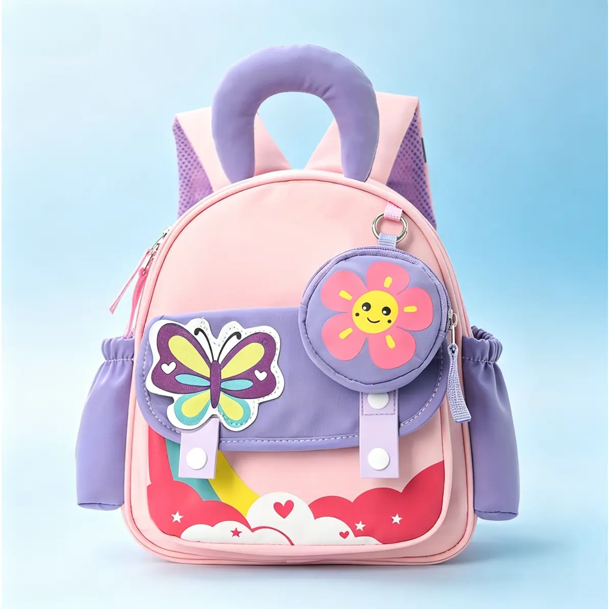 Kids' Pink Cartoon Backpack - Stylish Embroidered Rocket & Butterfly Pattern, Mini Lightweight Bag with Detachable Coin Purse, Contrast Color Design for Daily Use & Travel, Pink Cartoon Backpacks