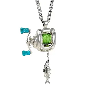 Fishing Reel Necklace, Rotating Handle Swirling Pendant Keychain, Backpack Charm, Keychain for Fishermen
