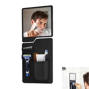 Shower Shaving Mirror & Organizer Set | Wall-Mounted Vacuum Suction Holder for Toothbrush, Razor & Toiletries, Acrylic Mirror & Storage, Modern Bathroom Accessory