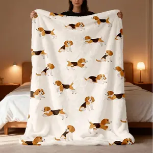 Cute Beagle Animal Pattern Cozy Flannel Sofa Blanket - Wrinkle-Resistant Reversible Digital Print Throw for Adults, Campers, Multi-Purpose All-Season Quilted Bedding Gift