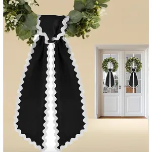 Black and white scalloped wreath sash 2 pcs ruffle ribbon bow for front door yard porch garland home decor