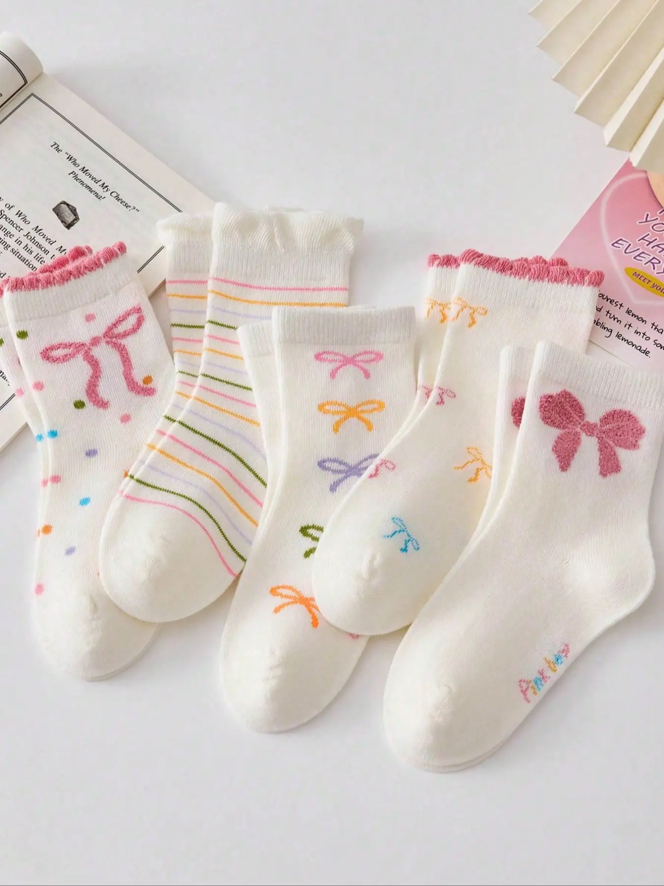 Girls' Cartoon Bowknot Knitted Socks Set, Striped Polka Dot Design, 5 Pairs Mixed Colors, Casual Knee-High Socks for All Seasons