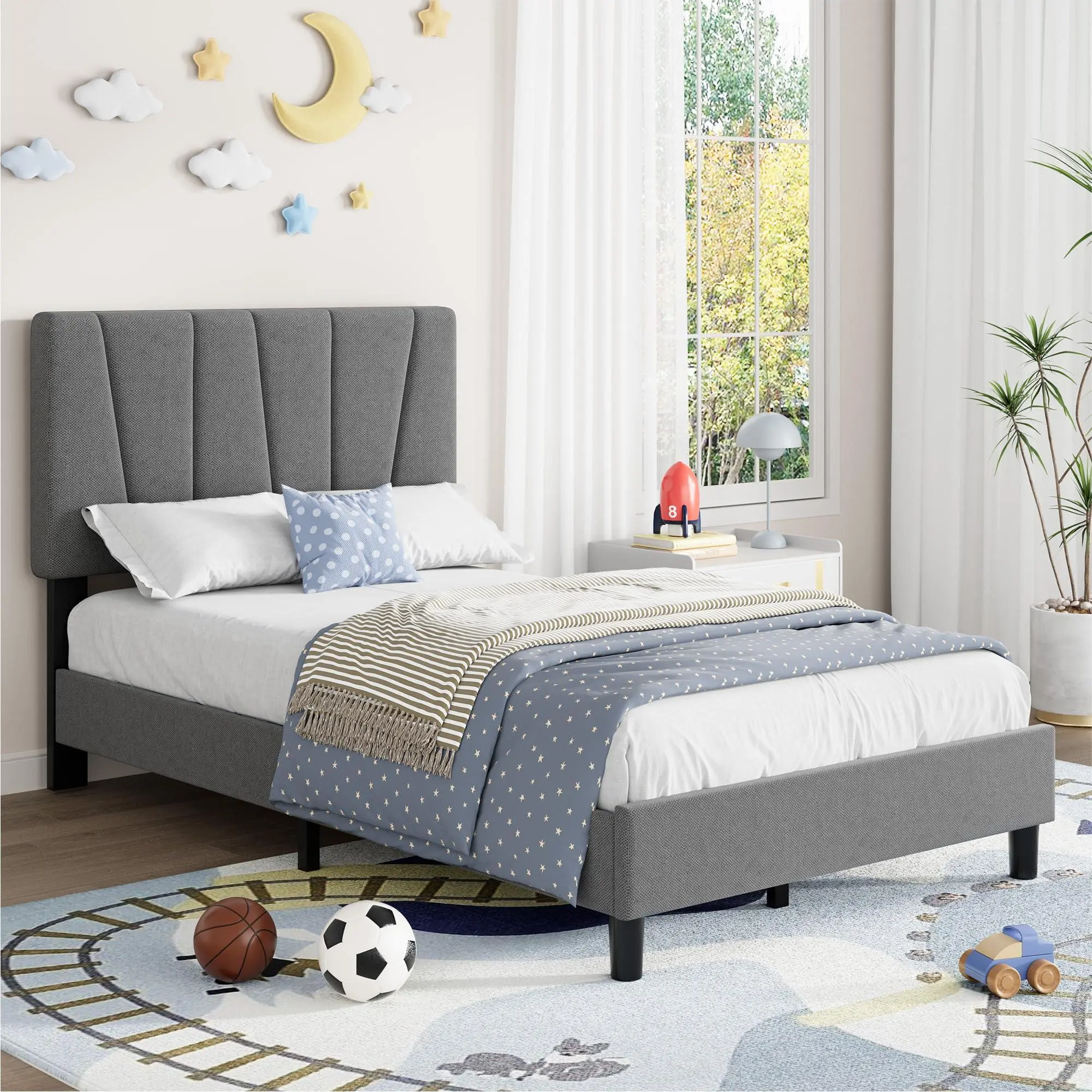 Garvee Grey Twin Size Upholstered Platform Bed Frame with Adjustable Head, 8-14 in Mattress Fit, Heavy Duty Wooden Slats Support, Noise-Free, Non-Slip, No Box Spring Needed, Easy Assembly