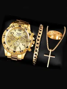 4pcs/set men's luxurious gold watch set, popular cool and fashionable watch ring necklace bracelet combination, Elegant Jewelry Set