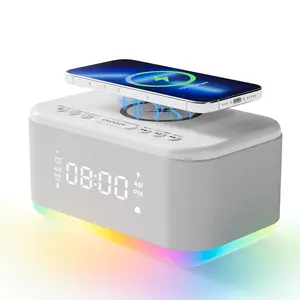 Fansbe Tech Alarm Clock Speaker Wireless Charger, Digital Alarm Clocks Bedrooms Bluetooth, Alarm Clock Dimmable Light Bedrooms Dual Alarm Snooze Dimmer 12 24H RGB Night Light Bluetooth USB AUX, Gray