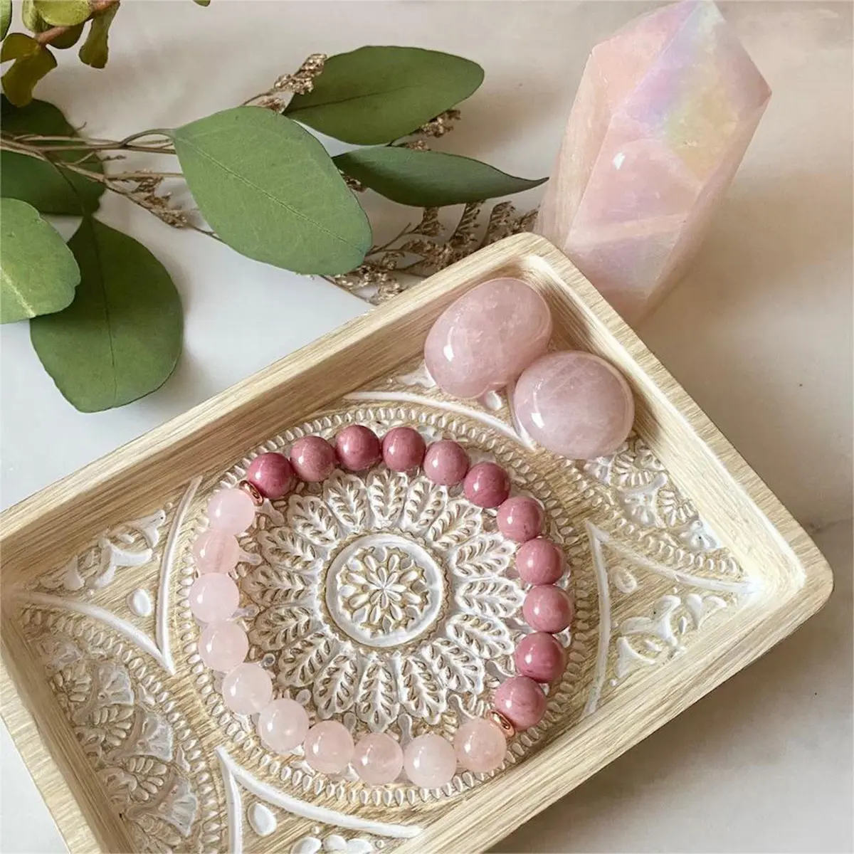 Handmade 8mm Beads Natural Rhodonite-Rose Quartz Stretch Energy Bracelet, Spiritual Jewelry for Romantic Relationships & Daily Wear, Elegant Fashion Costume Bangle, Natural Crystal Bracelets, Meditation Aid, Elastic, Elegant Outfits, Thoughtful Gift, Bala