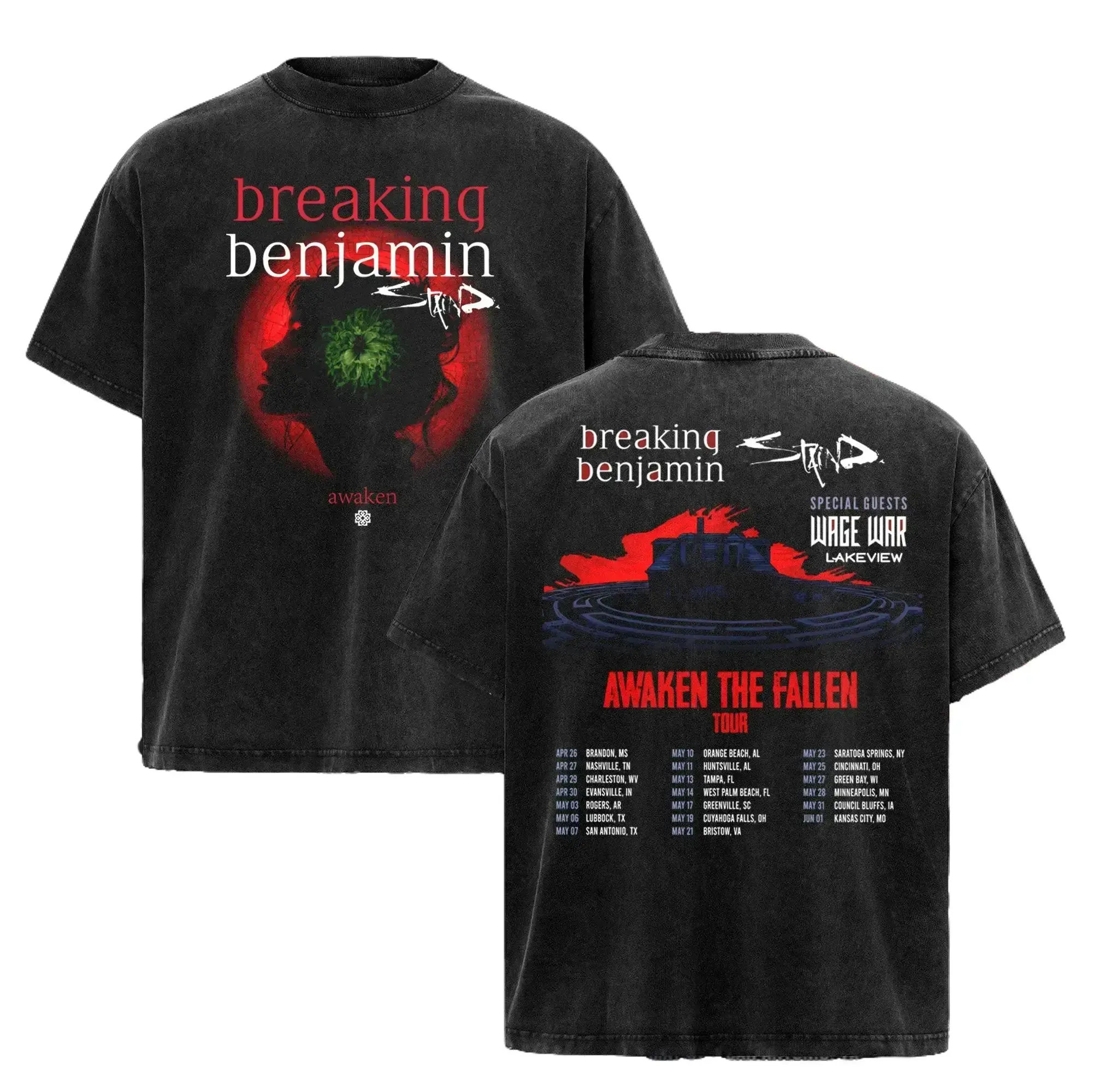 Short-Sleeve Breaking Benjamin Shirt - Awaken the Fallen Tour Washed Tee, Metal Rock Band Merch, Alternative Grunge Aesthetic Vintage 90s Graphic Top, Casual Fashion Streetwear Menswear