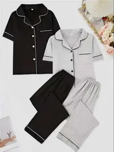 Women's Short Sleeve Lapel Design Top & Long Pants Set, Chest Pocket Detail, Spring & Fall Wear