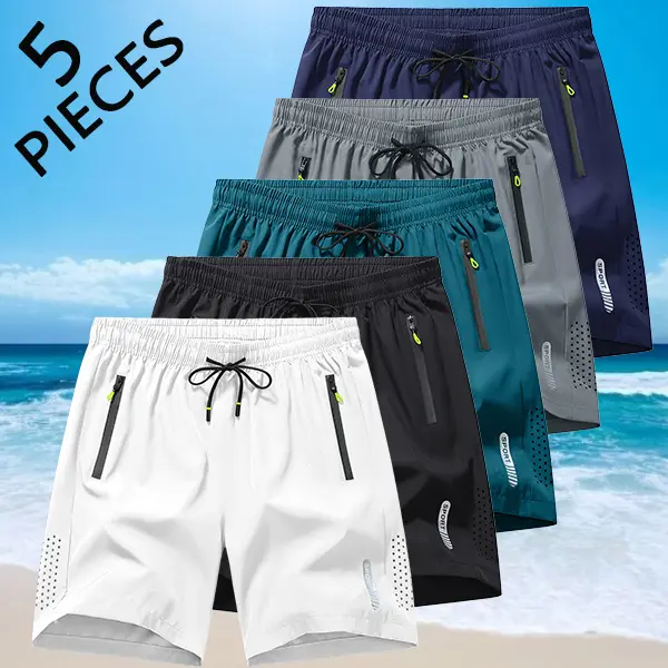 Pack of 5 men’s solid-color shorts with zippered pockets and breathable perforations; comfortable, breathable mid-thigh casual summer shorts for everyday wear; flat design men’s casual breathable shorts.