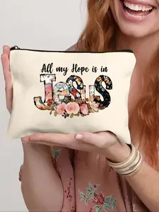 1 piece of beautiful floral Jesus letter print pouch zipper pocket， cosmetics travel bag, wallet pencil case, stationery bag, Mother's Day gifts, multi-purpose bag, gifts for friends, Makeup Pouch, Cosmetics Organizer