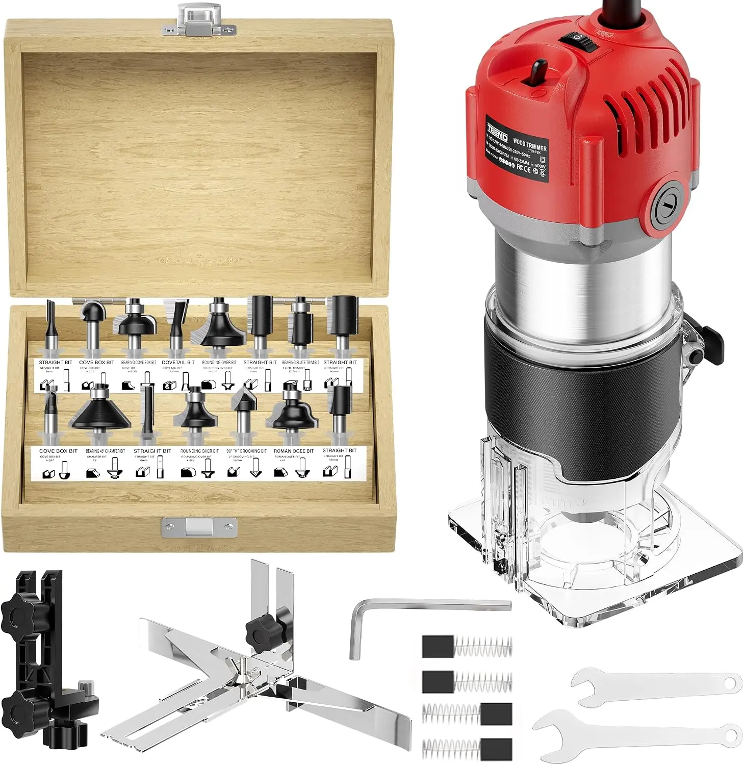 TEENO Compact Wood Router, 6.5 A 1.25 HP Power Tool for Woodworking, 6 Variable Speeds, Aluminum 1/4" Router with 15-Pc Tungsten Carbide Bits, Edge & Roller Guides, Wooden Case