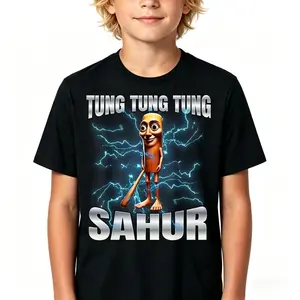 Winter Kids Unisex Cotton T-Shirt Featuring Tung Tung Sahur Graphic and Casual Cute Children's Top