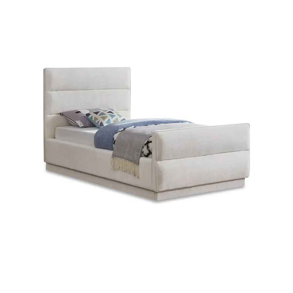 Contemporary Rectangle Paxton Cream Chenille Fabric Twin Bed with Soft Texture, Tufted Head