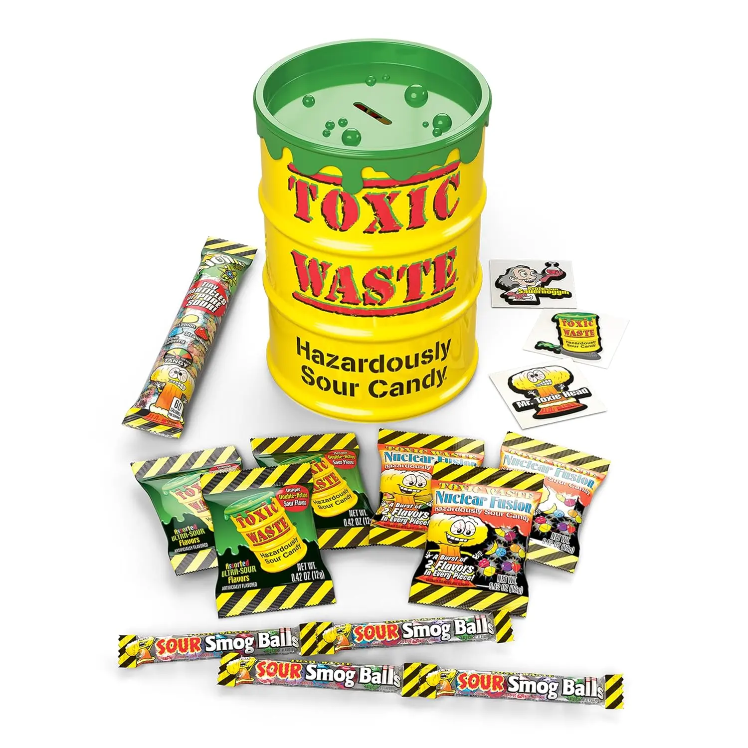 TOXIC WASTE - Giant Bank of Assorted Sour Candy - TOXIC WASTE Hazardously Sour Candy, Nuclear Fusion, Smog Balls, & Atomz - 5.86 oz. Container