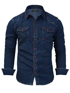Men’s deep blue vintage washed denim shirt, denim jacket. Long-sleeve button-front casual shirt with a regular fit.