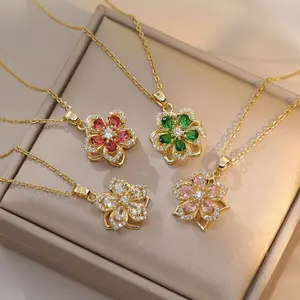 Elegant Rotatable Flower Pendant Necklace,Brass with Synthetic Zirconia, Exquisite Necklace, Creative Flower Pendant Jewelry Gift for Women, Lover, Friends, Family