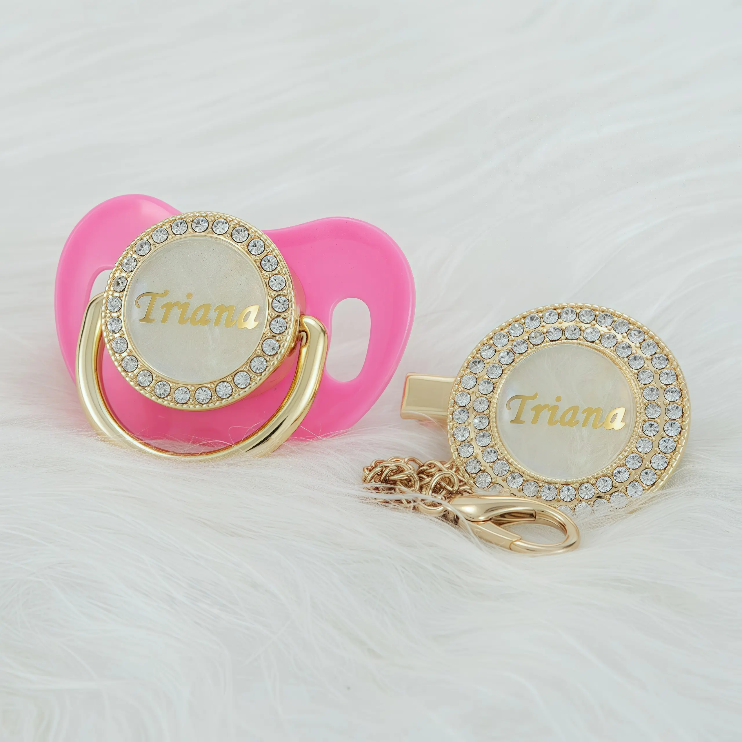 MIYOCAR Custom Gold Bling Diamond Baby Pacifier with Clip Set Personalized for Newborns and Babies Personalized Baby Bling Pacifier gold  pacifier