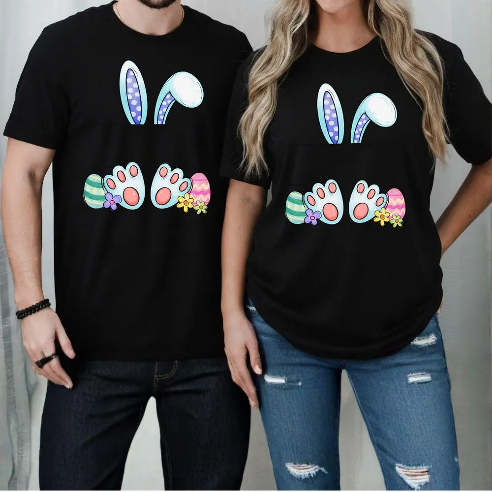 Customizable easter bunny ears and feet graphic shirt, personalized spring holiday name frame tee for kids and adults, colorful egg hunt crewneck t-shirt, soft and breathable festive casual tshirt for family matching outfits