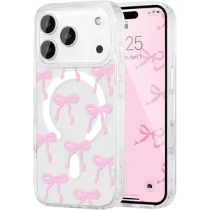 for iPhone 17 Pro Max Case, Bow Case Compatible with MagSafe, Wireless Slim Clear Ribbon Aesthetic Phone Cover Anti-Yellowing Shockproof Protective Cover for Women Girl - Pink