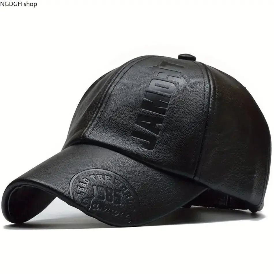 PU Leather Cotton Retro Baseball Cap with Embossed 1985 Logo, Adjustable Cool Biker & Streetwear Style, Water-Resistant Sport-Ready Hat