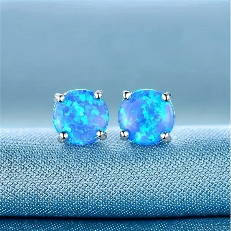 Cute Female Blue Crystal White Green Fire Opal Stone Stud Earrings Silver Color Wedding Jewelry For Women