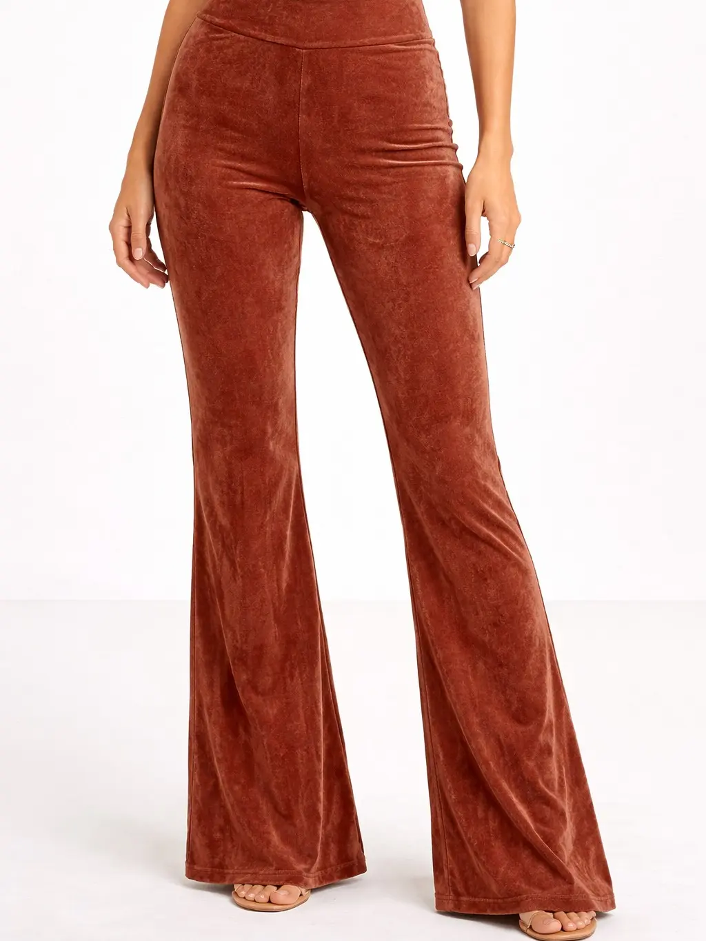 Women's Rust Brown Velvet-Look Flare Pants – High Rise Pull-On Bell Bottom Trousers Women's Rust Brown Velvet-Look Flare Pants – High Rise Pull-On Bell Bottom Trousers