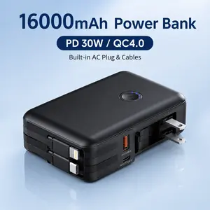 16000mAh Power Bank with Built-in AC Wall Plug & Cables - PD 30W/QC4.0 Fast Charge Compatible with iPhone, Android & Most Electronics (Black)