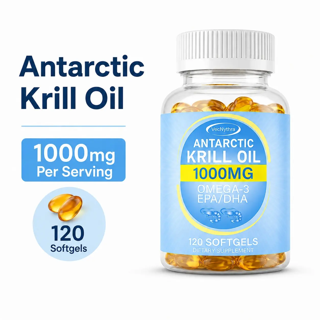 VecNythra Antarctic Krill Oil 1000mg Per Serving, Omega-3 Complex with EPA, DHA & Astaxanthin, Daily Wellness Supplement, 120 Softgels
