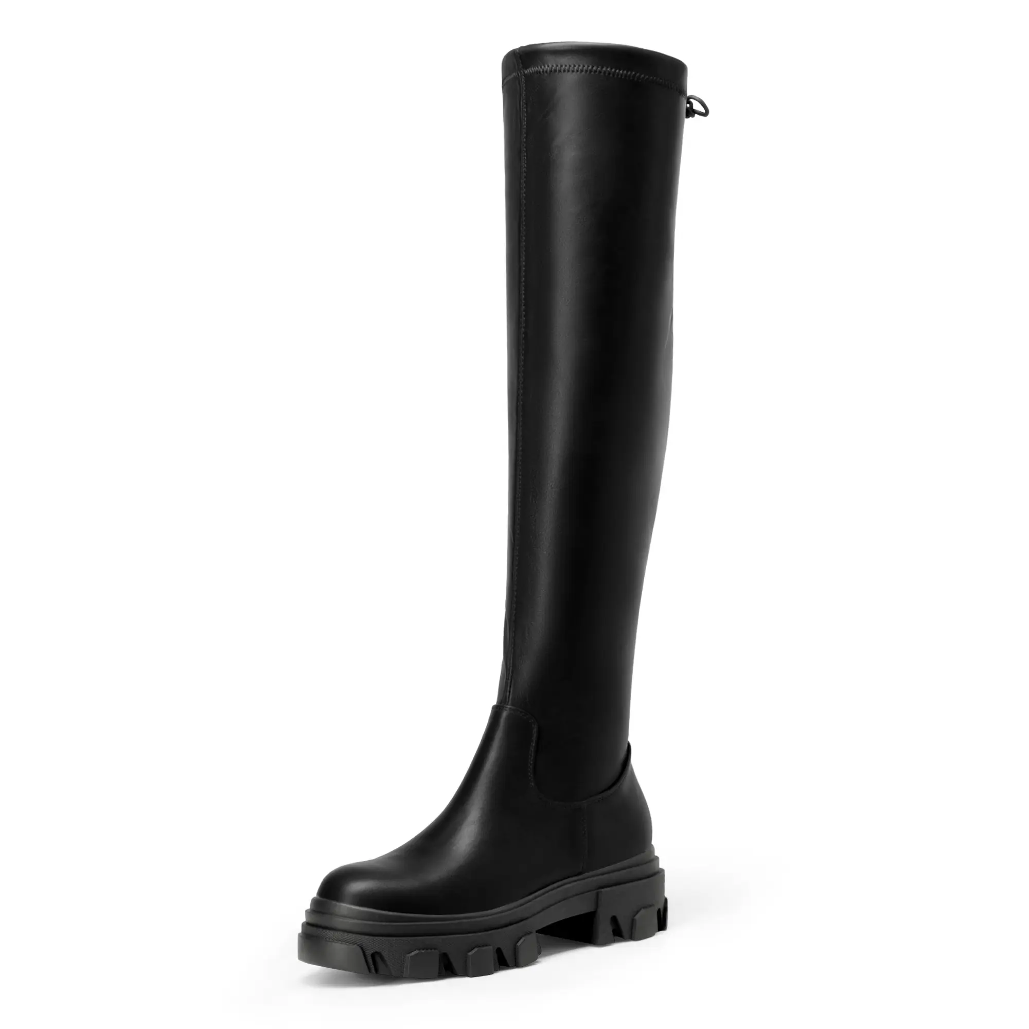 Dream Pairs Women's Ikon Over-the-Knee Boots, Stretch PU Leather Thigh-Highs with a Side Zipper, Chunky Lug Sole & Snug Drawstring Fit, Comfortable Heels, Fashion Boot, Black/Pu, Statement Shoes, Footwear, Elevates Fall Outfits With Bold Style, Round Toe,