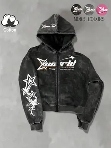 Unisex Street Style Zip Hoodie Jacket, Spring & Fall Thin Cotton Sweatshirt, Xworld Logo Star Pattern, Y2K Campus Hip Hop Fashion