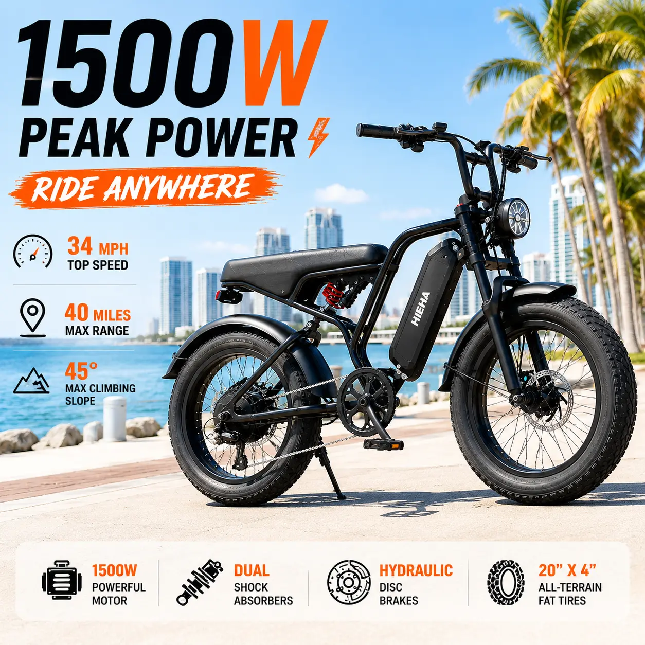 【HIEHA 2026】1500W Electric Bike for Adults – 34 MPH Top Speed, 40–70 Miles Range, 48V Removable Battery, Full Suspension, Fat Tire All-Terrain E-Bike