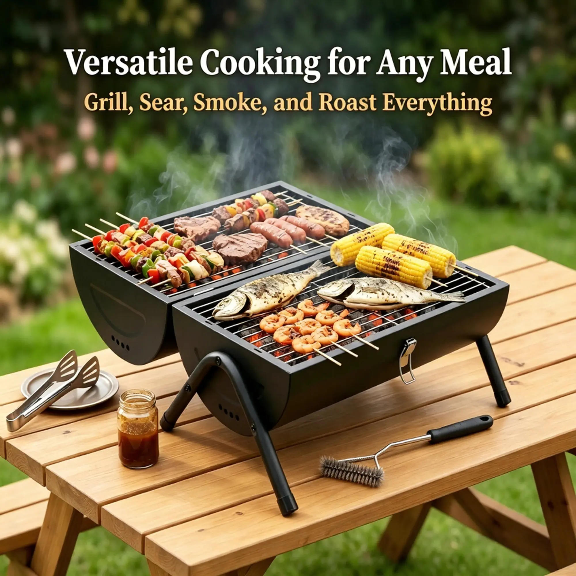 Portable Charcoal Grill Kit, Grills Outdoor Cooking, Charcoal Grill Outdoor Clearance, Compact Design With Grill Brush And BBQ Tongs Perfect For Beach, Backyard, Picnics (Black)