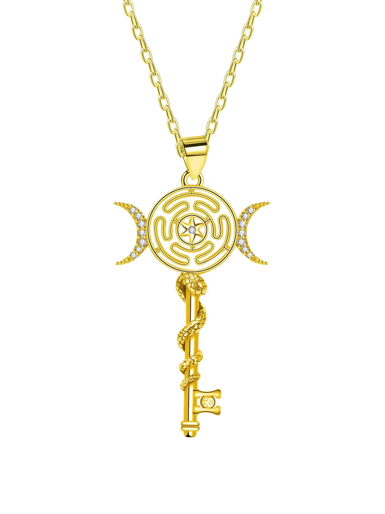 Hecate Triple Moon Goddess Key Charm Chain Necklace, Gold Plated Pentagram Witches Knot Pendant Necklace, Tetragrammaton Amulet Jewelry Gifts for Women Men, Hekate Pendant