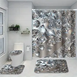 Rhinestone Pattern Shower Curtain Set, 2 Counts Shower Curtain Or 4 Counts/set Shower Curtain & Rectangle Mat & U-shaped Mat & Toilet Lid Cover, Bathroom Decor Supplies, Bathroom Decoration Accessories