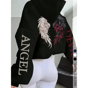 Women‘s Black Graphic Print Hoodie, Contrast Angel Devil Print, Edgy Casual Top for Street Style and Going Out