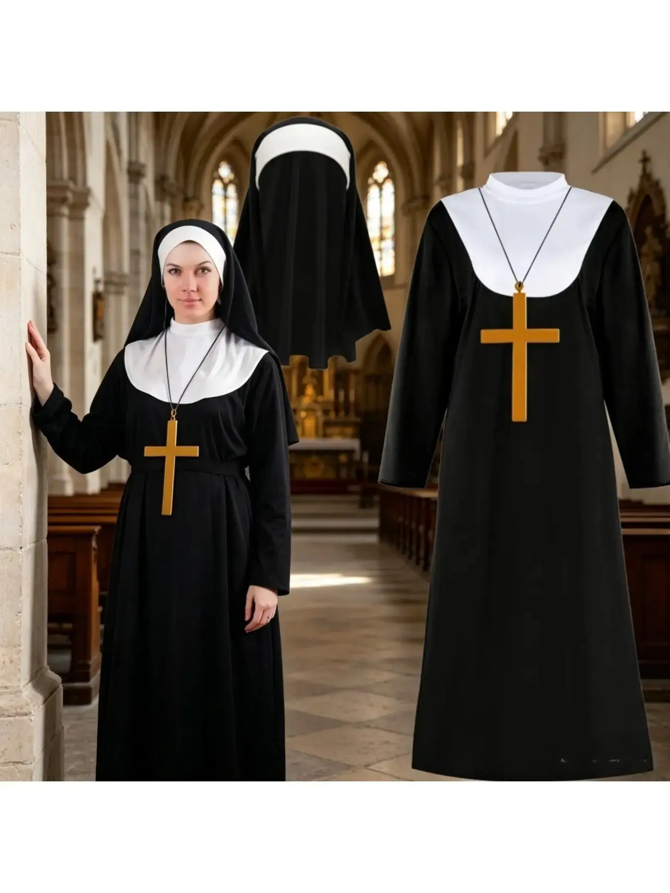 Nun Costume Complete Outfit, Black Robe with White Collar, Headscarf & Gold Cross Necklace, for Cosplay Party & Stage Performance