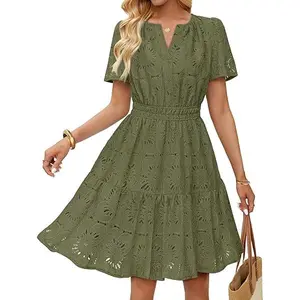 MEROKEETY Women's Spring Summer Eyelet Floral Mini Dress 2026 Short Sleeve Lace Boho Ruffle A Line Vacation Beach Dresses