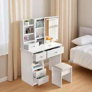 Vanity Table with Hidden Storage & LED Mirror  3 Lighting Modes- Includes Padded Stool,  5 Drawers - Ideal Bedroom Makeup Dressing Table White