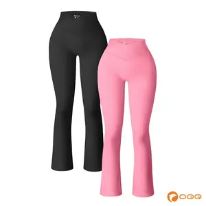 OQQ Women's 2 Piece Flare Pants Ribbed Seamless Workout High Waist and Cross Over Bell Tummy Control Bottoms Basic Comfort Exercise Flare Leggings