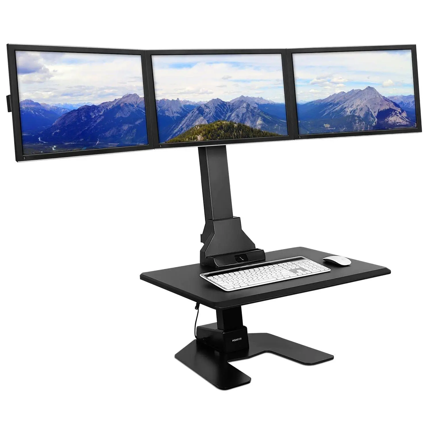 Mount-It! Electric Standing Desk Converter with Full Motion 3 Monitors Mount, Adjustable Height Workstation for 17-32 Inch Screens, 1.4"-21.1" Height Range