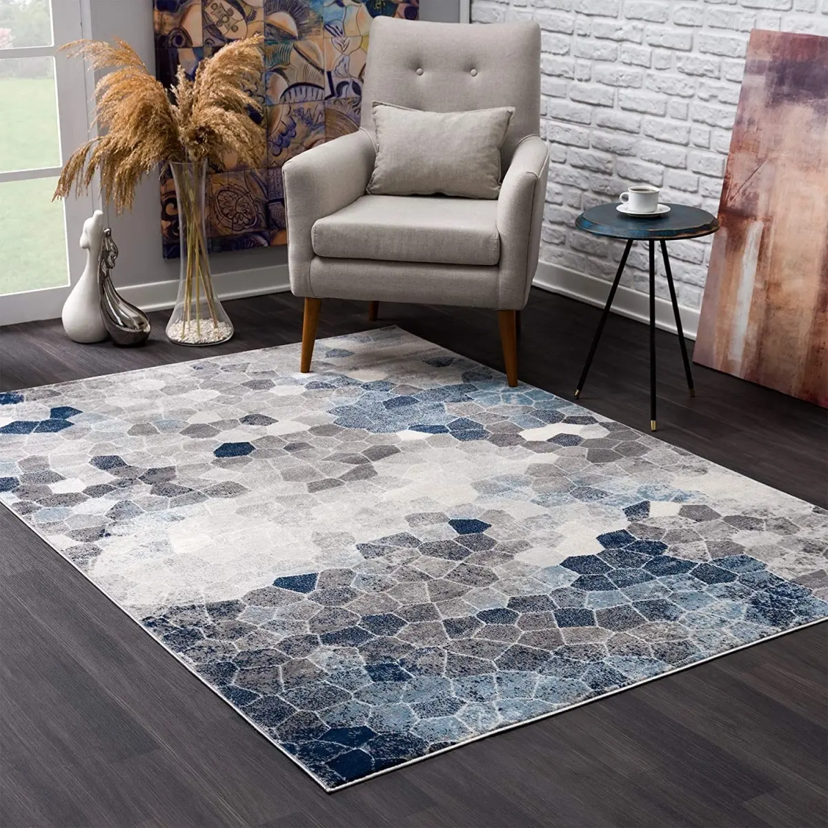 360 stand 4 x 6 ft. Navy Blue Cobblestone Area Rug, Contemporary, Modern, Low Pile, Stain Resistant, Indoor-Use Textile Carpet
