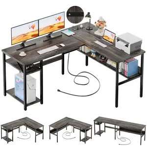 Homieasy Reversible L Shaped Gaming Desk with Power Outlets and USB Charging Ports, Sturdy Computer Desk with Storage Shelf, Modern Corner Desk Home Office Table, Easy to Assemble