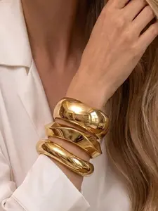 Three-Piece Set Wide Bracelets, European Style Glossy Metal Finish, Asymmetrical Curve Design, Daily Wear Jewelry for Women
