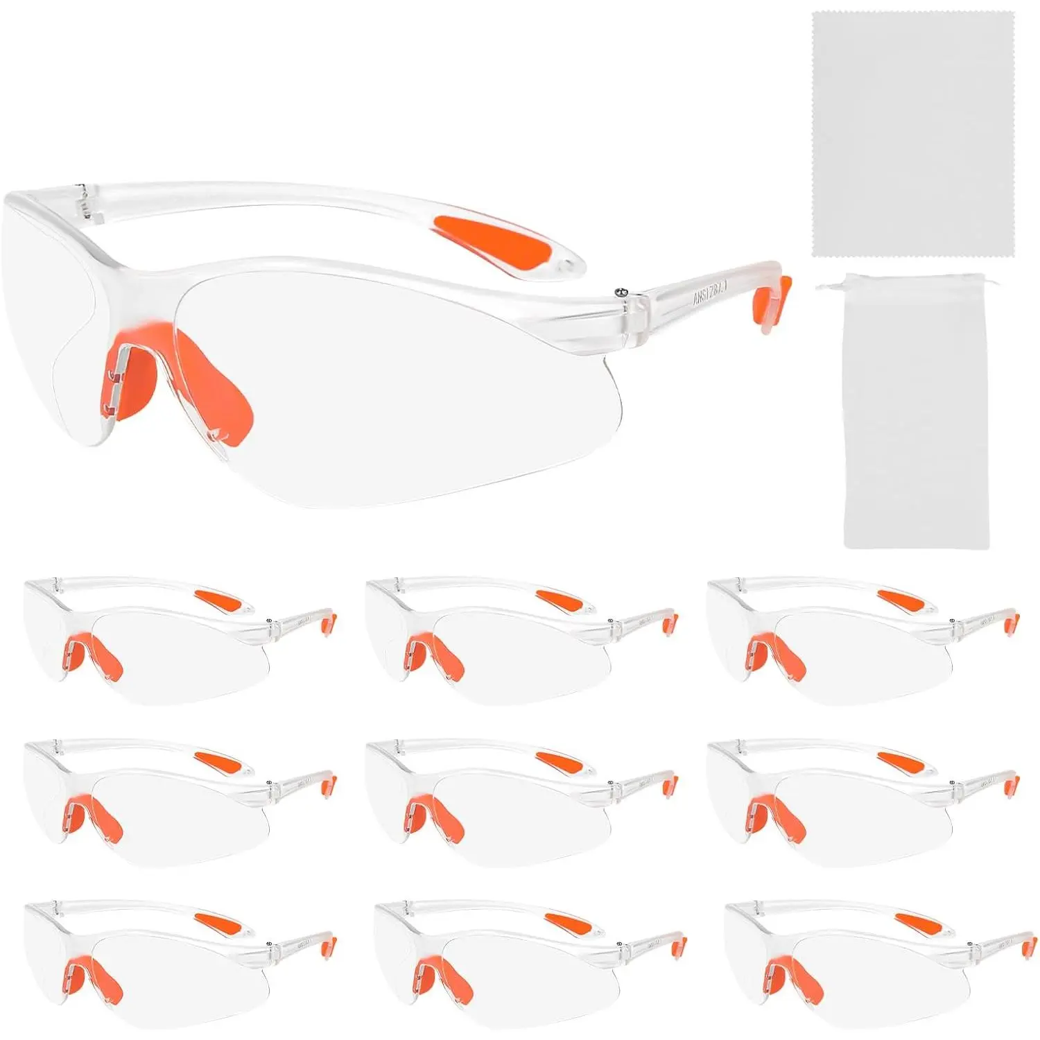 10Pack Safety Glasses,  Work Safety Glasses, Transparent with Glasses Cloth and Glasses Bag, Durable Safety Glasses, Scratch-Resistant for Women/Men/Children