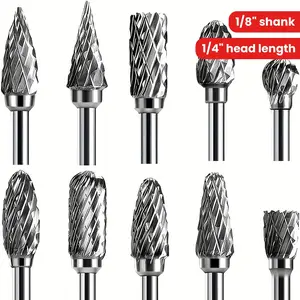 10pcs Double Cut Carbide Rotary Burr Set - 1/8" Shank, 1/4" Head Length Tungsten Steel For Woodworking, Drilling, Metal Carving, Engraving, Polishing Drill Bits