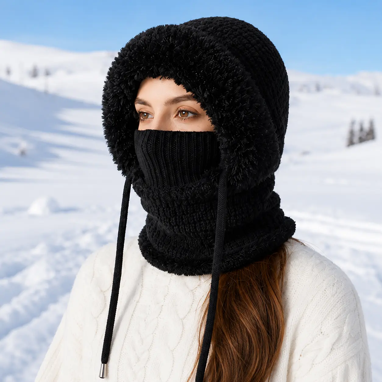 Women's Furry Hat - Winter Cold Weather Essential, Knit Fabric Clothes Accessory, Casual Thermal Warmth Balaclava Hooded Scarf Face Mask