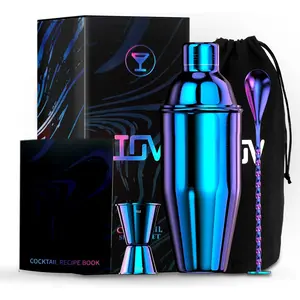 Shaker Bar Set, 24oz Martini Shaker with Built-in Strainer, Bar Tool Kit with Recipes Booklet, Professional Stainless Steel Large Bartender Drink Shaker Margarita  Mixer-Rainbow