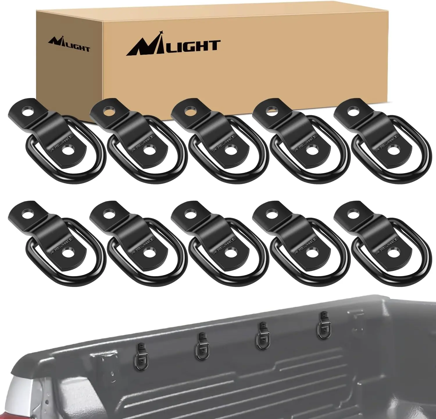Nilight 10-Pack 1/4-Inch High-Strength Stainless Steel Corrosion-Proof D-Ring Tie Downs with Screws, 2400-lb Heavy-Duty Capacity for Car Truck Bed Cargo, RV, with Adjustable Rope